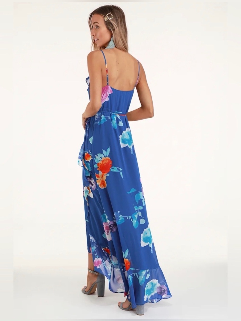 Lulus Ladean Royal Blue Floral Print Ruffled Wrap Maxi Dress - Picture 3 of 3